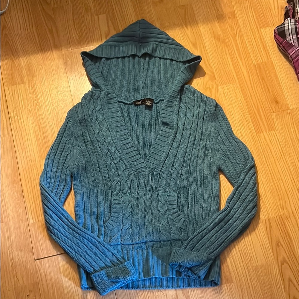 Blue Cable Knit Hooded Sweater